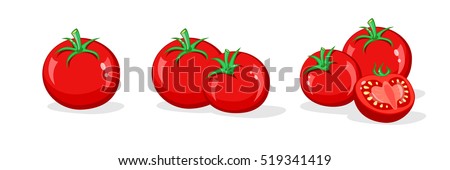 Tomato set. Whole and half cut tomatoes isolated on white background. Vector cartoon illustration. Fresh red Vegetable, Vegetarian, vegan Healthy organic food