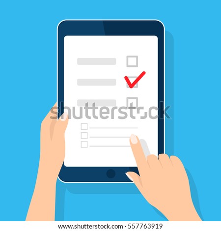 Online survey, checklist. Hand holds tablet and finger touch vertical screen. Feedback business concept. Cartoon flat vector illustration isolated on blue. Minimalistic design for web site, mobile app