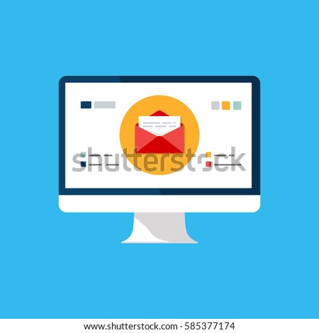 Email marketing template e-mail management message online social media newsletter concept vector monitor computer all in one screen isolated on blue web page flat design web, website mobile app UI