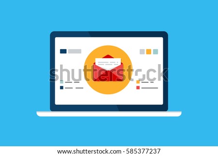 Email marketing template. E-mail management message online social media newsletter concept vector laptop computer screen isolated on blue web page flat design trendy website mobile app UI chat contact