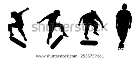 Silhouette skateboarder illustration set, skateboard black design collection. Vector illustration.