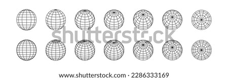 Globe grids. 3D spheres various position. Striped 3D balls, earth globe grid linear geometry vector orb symbol set. Round shape with horizontal and vertical lines, latitude and longitude