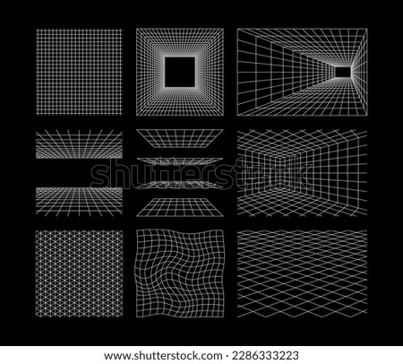 Perspective grids. Retro futuristic wireframes, cyberpunk net space. Perspective lines vanishing point rectangular space. Seamless checkered isometric grid pattern. Isolated vector set. Cyberspace