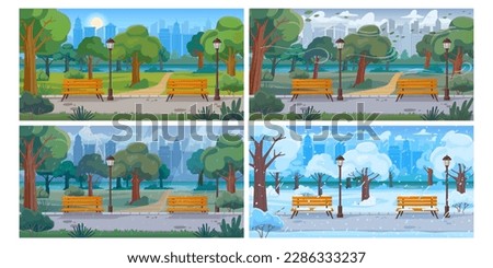 City park weather background. Urban climate sunny, rainy, windy and snowy day. Town alley cartoon vector illustration set. Different seasons summer, autumn, winter, spring, outside nature