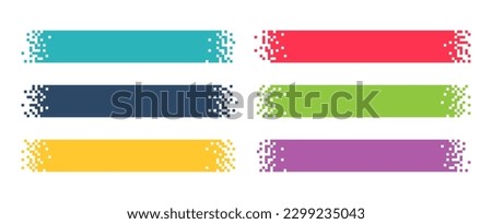 Pixel banner. Header, footer color layout with mosaic edges. Horizontal title tags with pixels. Labels pixelated decoration advertising vector elements. Rectangular dotted shapes isolated set