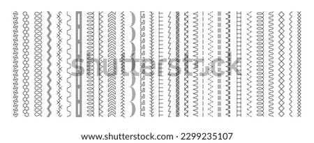 Sewing machine stitches. Stitching seam line, textile embroidery stitch border, binder seams, thread stripe, seamless pattern brushes. Vector set. Dressmaking details, lace dividers collection