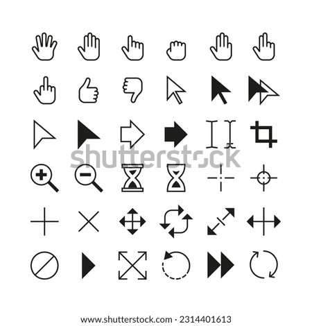 Pointer cursor. Mouse arrow icon pointers, black selection and edit tool cursors. Hand click, skip and swipe symbols editable stroke isolated vector set. Hourglass for loading page