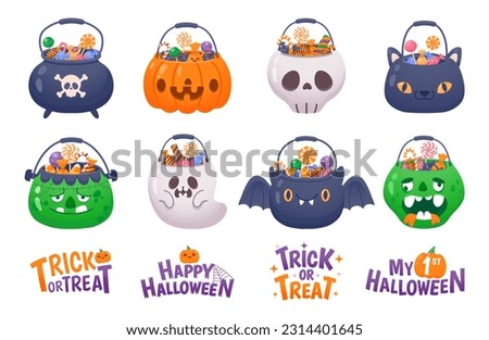 Halloween bucket with sweets. Trick or treat. Pumpkin buckets with candies, cat pack with lollipop, dessert inside skull bag, party ghost basket. Kids treat. Vector set for holiday celebration