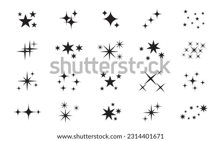 Sparkles stars. Shiny magic Christmas starburst effect, twinkle sparkle star silhouettes. Abstract asterisk glitter groups, tattoo design vector set. Festive glow, holiday explosion