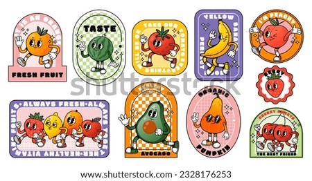 Cartoon fruit and vegetable sticker. Comic retro fruits vegetables character, fruit faces. Trendy supermarket vintage promo label, market healthy food. Vector set. Cheerful watermelon, banana