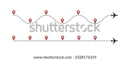 Timeline. Plane route dashed line with red map pins, airplane journey path chart with six steps. Success business process diagram vector timelines infographics. Straight and curvy flight way