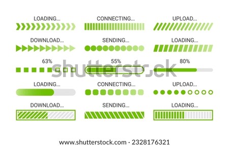 Loading bar. Green download progress loader, buffer status UI elements. Upload, download and sending speed indicators, time loading screen vector icons. Computer system refreshing, connecting