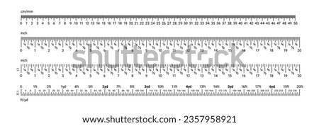 Inch and metric rulers. Centimeters, inches and foot, yard and millimeter unit measuring scale. Precision imperial measurement of ruler tools. Vector set. Length and distance indicators