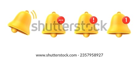 3d notification bell icon. Yellow ringing bell render with new subscription notification, social media reminder, alert. Realistic vector ui phone icons. Message or mail alert in online application