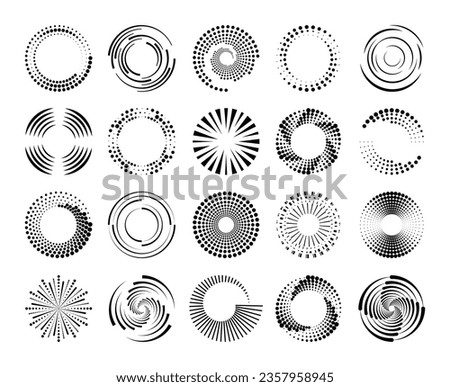 Halftone circle speed lines. Dashed dotted spiral dynamic swirls, radial geometric pattern, concentric circular abstract waves. Round movement vector elements. Tech rotating shapes