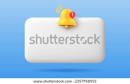 3d Reminder. Notifications popup blank page for business planner, event reminder or timetable window 3d render with golden bell alert. Vector illustration. Cartoon frame for text writing
