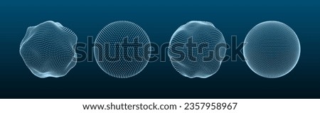 3D sphere mesh. Globe shapes with dots and line grid, orb wire structure models matrix futuristic concept. Digital polygonal balls with particles vector set. Physic abstract surfaces
