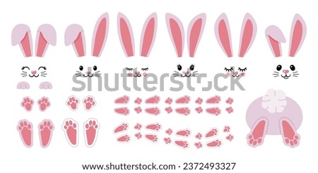 Cartoon bunny elements. Cute bunny footprint trail, paws, ears and faces. Funny bunnies head and muzzle. Decorative element for Easter. Printable stickers scrapbooking. Vector set. Animal character