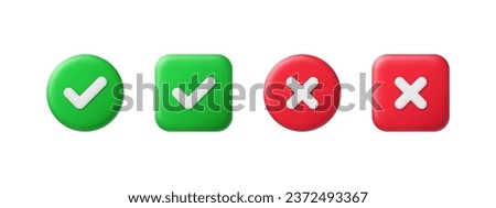 Right and wrong 3D buttons. Tick cross, red and green glossy round and square checklist icons. Check mark acceptance, X rejection button. 3d realistic vector set. Positive and negative choice