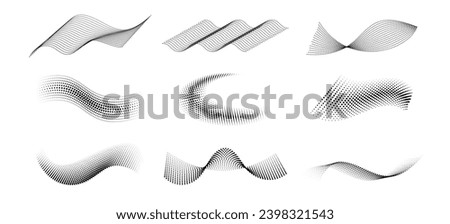 Halftone waves. Dotted curved abstract liquid shapes, wave with particles, halftone circles texture isolated vector elements. Dots wavy flow decoration. Surface set motion or movement