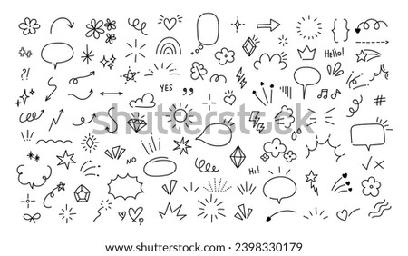 Sketch pen design elements. Doodle simple brush stickers. Hand drawn speech bubble, decorative signs, emotion effects icon. Stars, arrow, sparkle, line shape. Vector set, art sketch isolated set