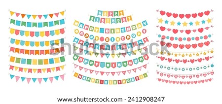 Bunting pennant and flag. Multicolored fabric bright triangles hang on birthday party. Festive handmade paper garlands string up and adorn for graduation. Vector set. Festive event or holiday