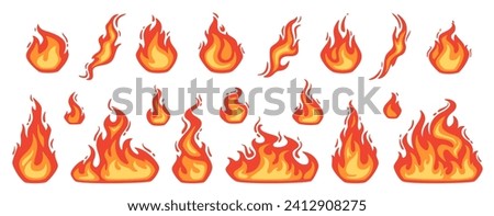 Cartoon fire. Flame of infernal fireballs, red and yellow campfire, hot wildfire and bonfire, burn power. Hellfire, burning icons isolated vector set. Fireplace or camping activity