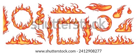 Cartoon red flame. Fire flames, hot fireball, danger wildfire campfire and bonfire elements, fire frames and flaming borders isolated vector set. Geometric shapes burning hot frames