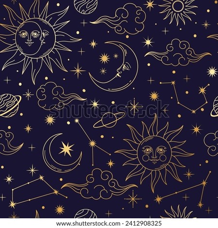 Magic astrology seamless pattern. Art cosmic space background with sun, moon, star, planet and constellations. Decorative galaxy celestial esoteric elements. Vector print. Mysterious cosmos