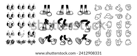 Retro leg, hand and face. Comic groovy hands in gloves, vintage legs and foot in shoes and funny emotion. Different poses arm and feet. Body parts mascot. Vector set. Emoji, body movements animation