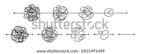 Simplifying process. Confused complicated way from difficult to simple step by step process, chaos and problem concept. Complex messy connected lines. Vector set. Chaotic path with knots