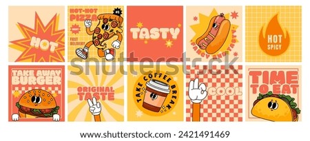 Fast food cards. Retro posters, stickers with hot dog, taco, burger, pizza for menu cafe, restaurant. Funky patches. Slogan, quote, groovy food characters. Vector set. Delicious snacks or lunch