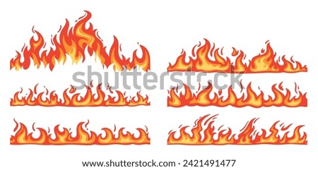 Cartoon fire borders. Flame frame, blazing dividers, hot flaming banners. Wildfire campfire and ignite elements, fire trail and flammable border isolated vector set. Orange and red burning collection