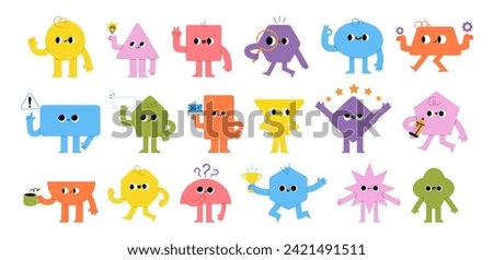 Abstract geometric character. Cartoon cute geometry shapes with funny faces, legs, hands. Simple math education for kids. Funny square, triangle, circle. Vector set. Preschool comic objects