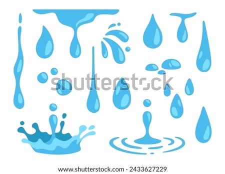 Water drops. Abstract nature blue falling pure drop. Raindrops. Watering motion shape water. Puddle, dropping splash, liquid flow. Juice and drinks. Vector collection. Cartoon clean isolated droplets