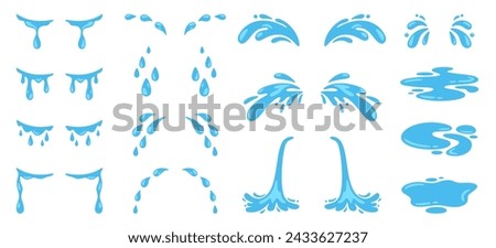 Dropping tears. Cry, wet eyes, streams teardrop. Shedding, sobbing, grieving tear. Sad emotion. Water blue drops. Rain splashes and fluid flows. Vector collection. Grief or sadness expression