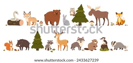 Cute woodland animals. Forest beasts bear, hare and fox, elk and squirrel, wild boar and deer, wolf and snake, badger and raccoon, beaver. Vector set. Fir tree, acorns and childish fauna