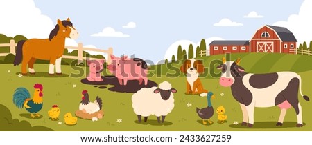Farm scene with animals. Cartoon farmed landscape with happy domestic birds and animals on meadow. Background with ranch barn and fence. Vector composition. Pigs, cow, chicken and horse
