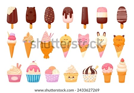 Ice cream. Cartoon different gelato flavors in cones, waffle, cups. Ice dessert with funny animal shape. Sweet vanilla scoop and chocolate popsicle for ice cream shop. Vector set. Tasty refreshment