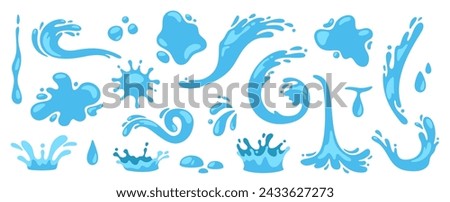 Water splash. Cartoon blue water drops, puddle, spray and waves. Nature object spatters, sputter, splashdown. Clean aqua motion concept. Vector set. Clear droplets, isolated swirls