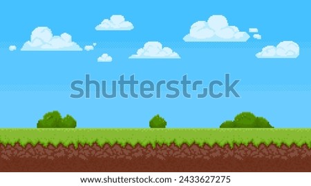 Pixel art landscape. Game background with blue sky, clouds and grass. Summer day scene for 8 bit arcade games. Retro pixelated playing view. Vector illustration. Outdoor environment for video game