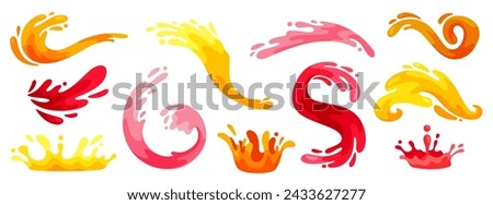 Juice splatter and splashes. Cartoon colorful squirt liquid. Abstract juicy splash, shape, spiral, waves. Fresh fruit juice, organic lemonade, citrus drinks. Vector set. Yellow, pink fluids