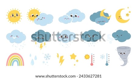 Weather forecast characters. Cute cartoon summer and winter signs, funny spring and fall icons. Night and day symbols, sun and moon. Vector collection. Tornado, snowflakes and wind