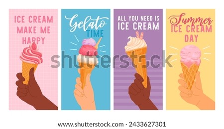 Hands hold ice cream. Cartoon different hand holding wafer cone. Card with arms with colorful gelato and freeze dessert. Summer mood poster. Vector set. Cold fruity refreshment or snack