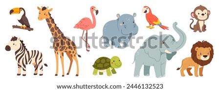 Cute jungle animals. Cartoon African wild mammals. Funny lion, zebra, happy elephant, monkey, nice hippo, toucan and parrot birds. Kids safari animal. Vector set. Flamingo, turtle characters