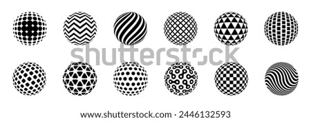 Dotted halftone sphere. Striped and checkered 3d spheres with dot particles, abstract spherical balls. Halftone gradient texture isolated vector logo globe shapes. Geometric design