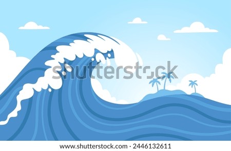 Ocean wave background. Abstract storm sea waves near island. Tropical surf, oceanic water and sky on poster. Decorative voyages flyer. Surfer beach with palm trees. Vector illustration. Aqua surface