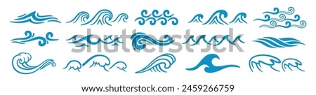 Abstract sea waves. Ocean silhouette aqua curlicues, ripples, curls, splashes. Turquoise and blue water marine icons for graphic design. Logo template. Vector set. Tsunami or stormy weather
