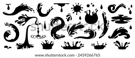 Water splash silhouettes. Black liquid shapes, ink drops, falling watering, cry tears, paint spill, spray, wet circle ripples, aqua splatter. Water symbols and water objects. Vector set. Flowing fluid