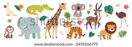 Funny safari animals. Cute cartoon kids animal character. Wild tiger, giraffe, happy koala, African crocodile, jungle monkey. Jungle plant and decorative elements. Vector collection. Tiger, crocodile